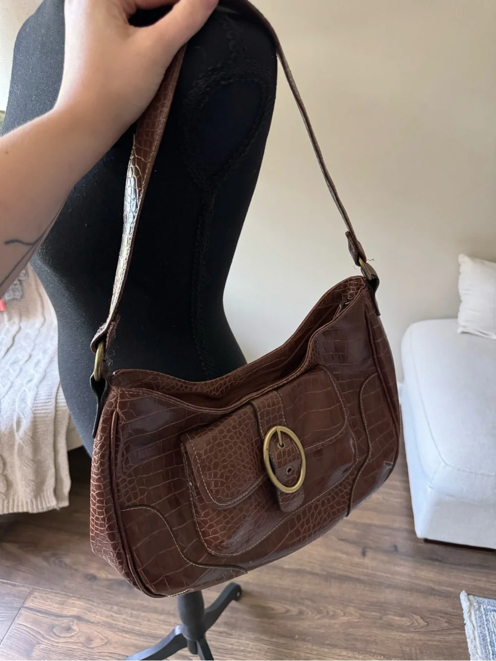 Croc-Embossed Leather Shoulder Bag with Brass Oval Buckle